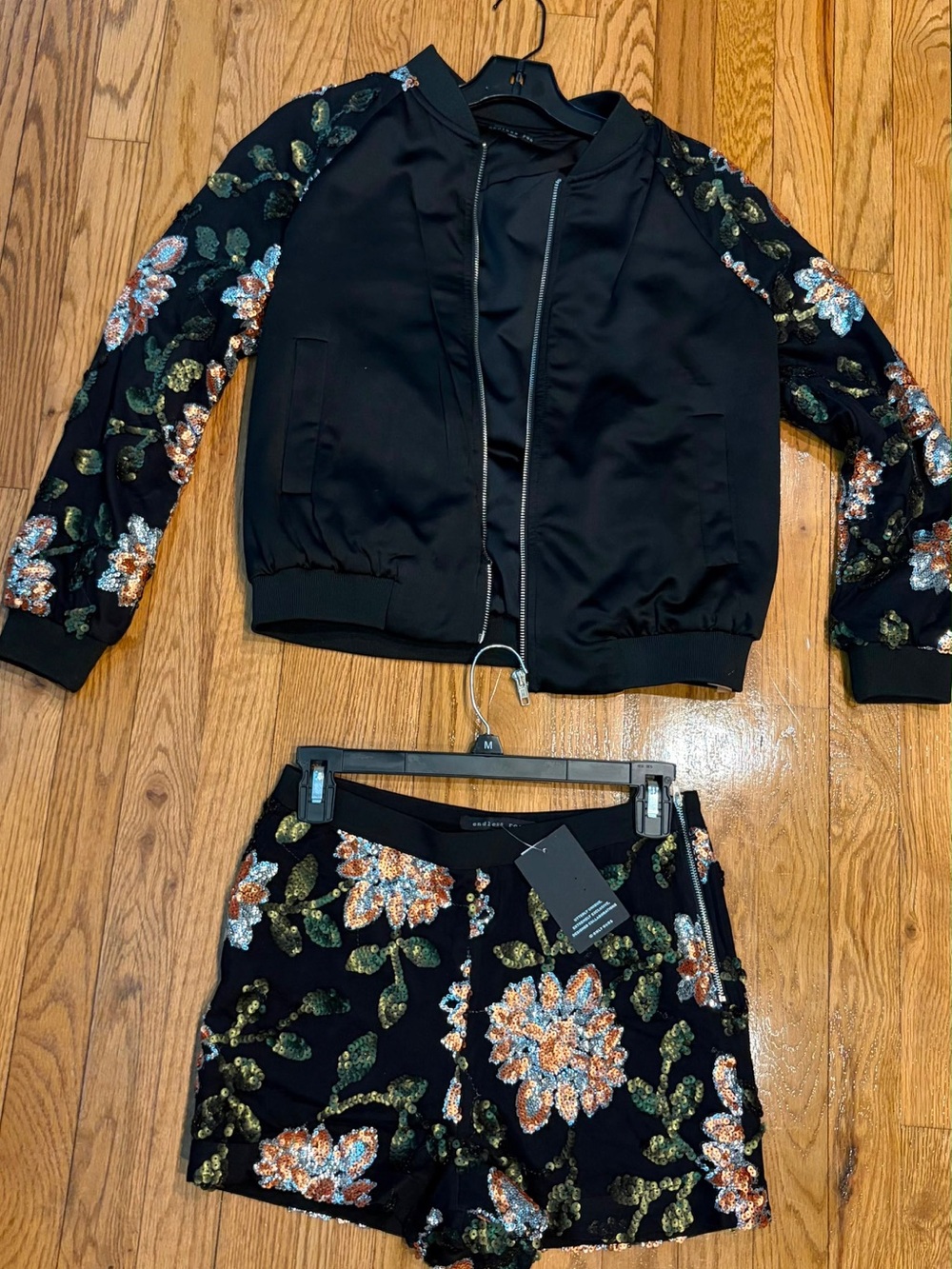 Endless Rose Sequin Floral Bomber Jacket & Short Set - Black